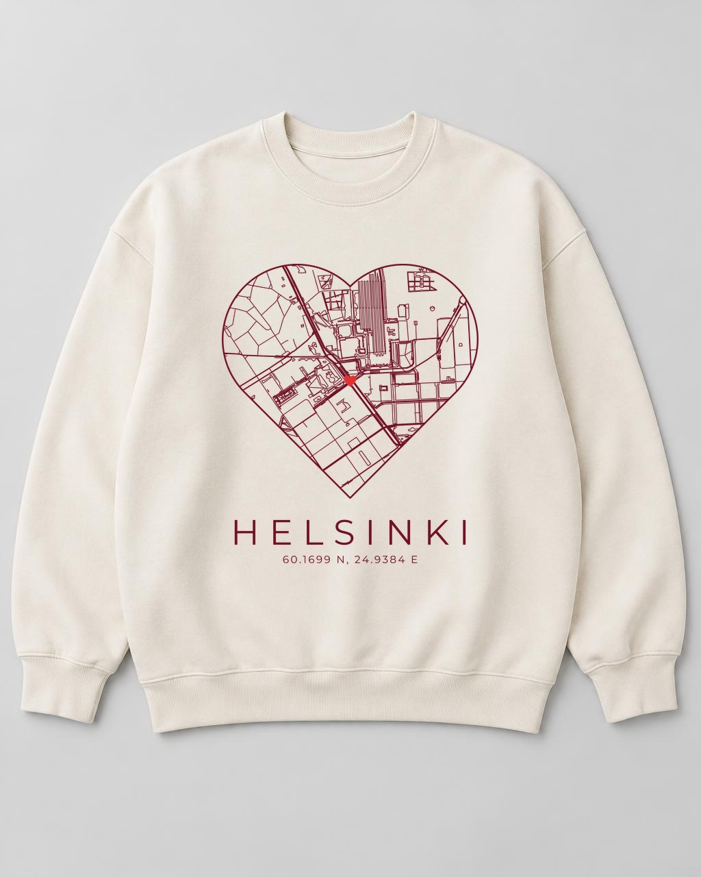 Luonnonvalkoinen college editorilla tehdyllä viininpunaisella Helsingin sydänkartalla